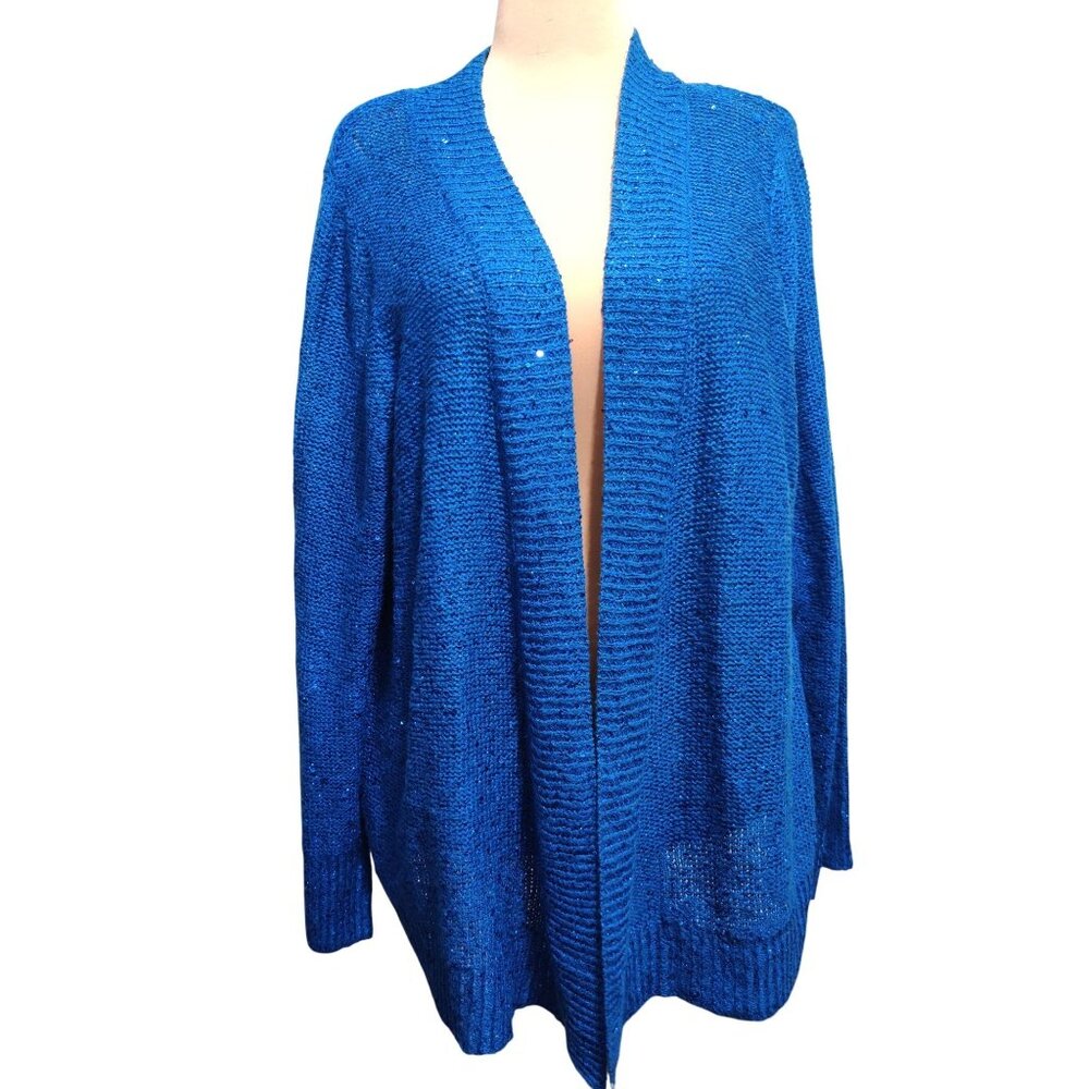 White Stag XXL 20 Womens Plus Size Sweater Blue Sequin Knit Open Front Cardigan